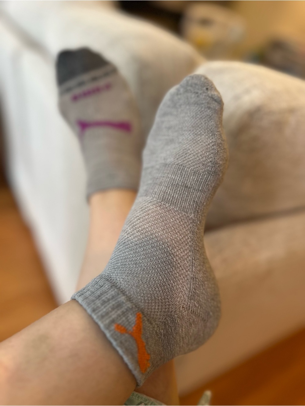 Puma Women’s  Low-Cut Ankle Socks in Light Gray with Orange Logo Mismatched